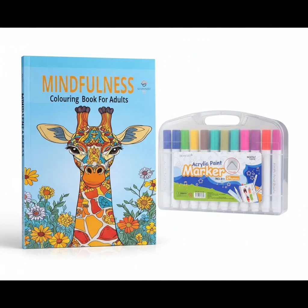 Mindfulness Adult Colouring Book + 24 Acrylic Paint Markers Combo Set