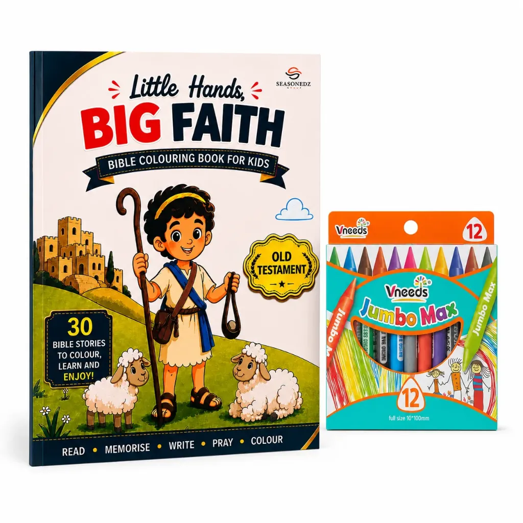 [SZNZ-CMB-001] Little Hands, Big Faith (Old Testament) + 12 Jumbo Crayons Kids Bible Colouring Combo)