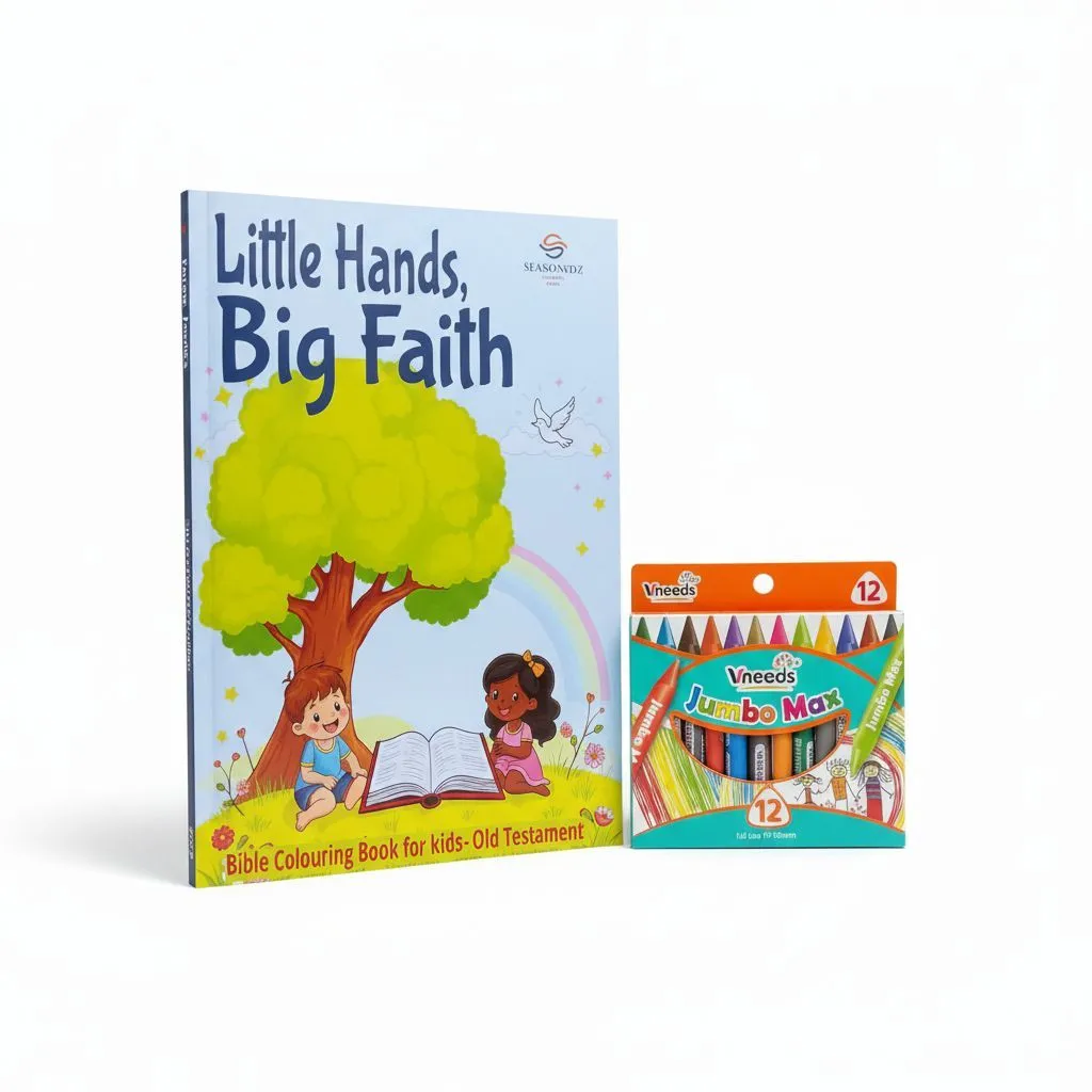 [SZNZ-CMB-001] Little Hands, Big Faith (Old Testament) + 12 Jumbo Crayons Kids Bible Colouring Combo)