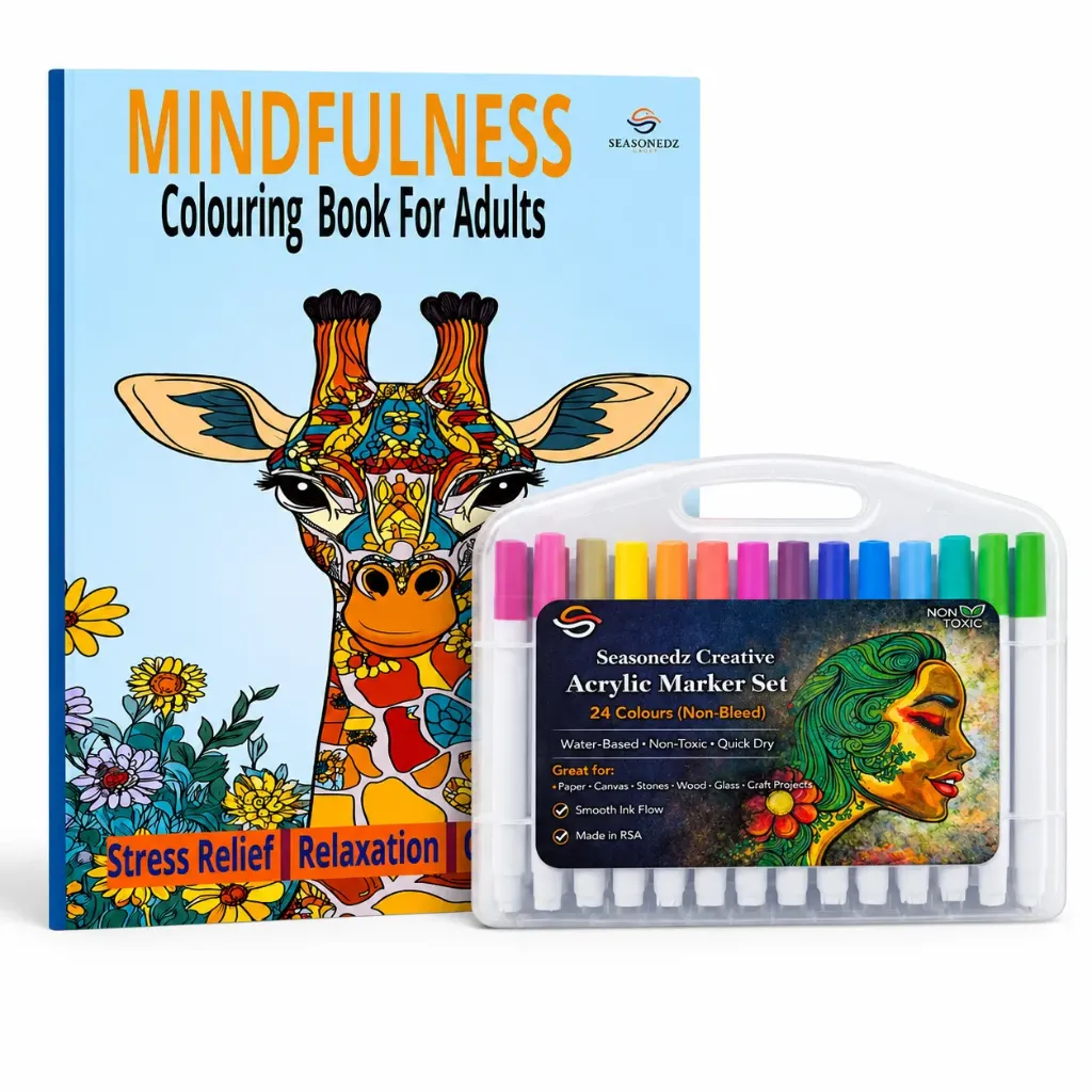 Mindfulness Colouring Book for Adults + 24 Colour Acrylic Marker Set