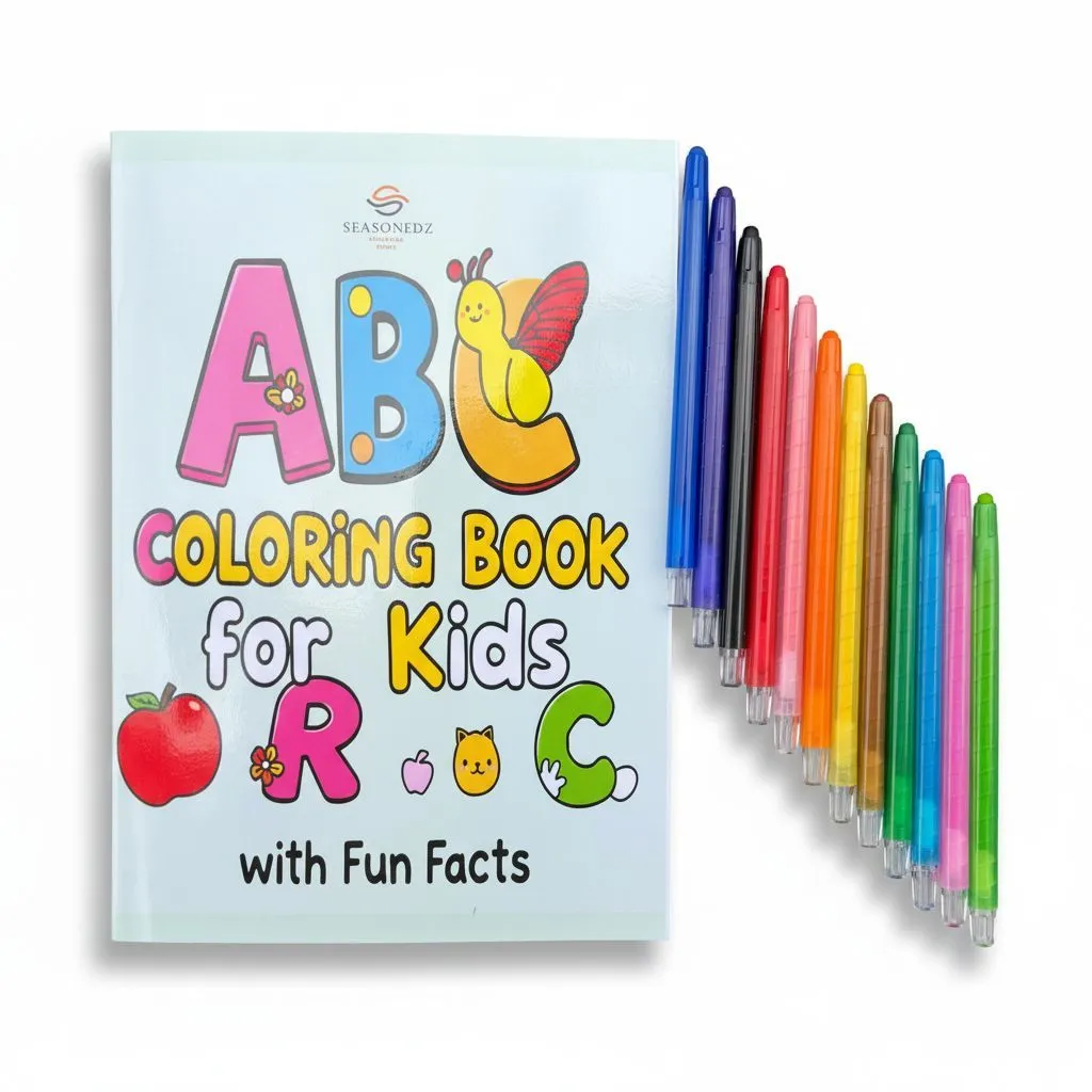 ABC Colouring Book for Kids + 12-Piece Colour Crayons Set (Combo)