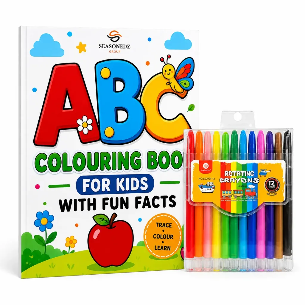 ABC Colouring Book for Kids + 12-Piece Colour Crayons Set (Combo)
